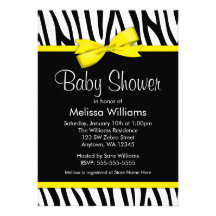 Zebra Yellow Printed Bow Baby Shower Custom Invitations
