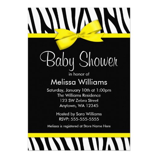 Zebra Yellow Printed Bow Baby Shower Invitations