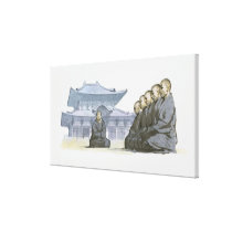 Zen Buddhist monks kneeling outside temple canvas prints