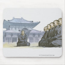 Zen Buddhist monks kneeling outside temple Mousepads