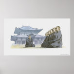 Zen Buddhist monks kneeling outside temple Print