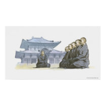 Zen Buddhist monks kneeling outside temple posters