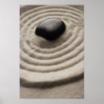zen garden with pebble detail on raked sand posters