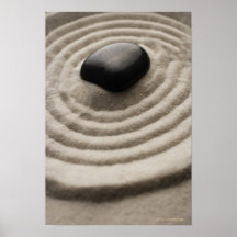 zen garden with pebble detail on raked sand posters