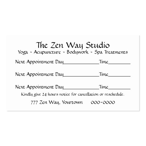Zen Way Bodywork Card Business Card (back side)