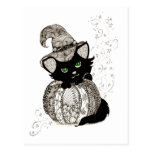 Zentangle Black Cat Green Eyes Pumpkin Postcard
