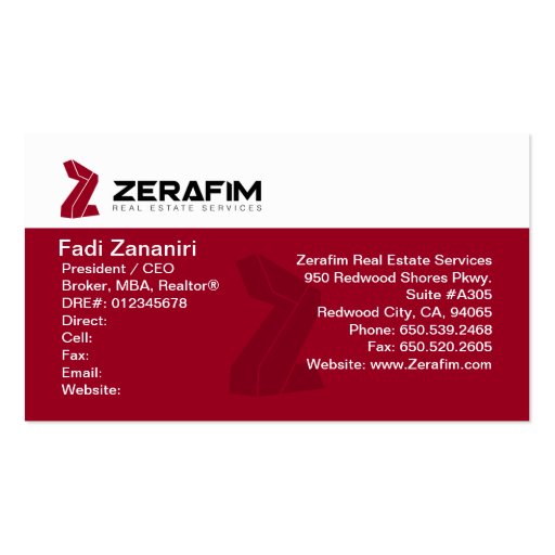 Zerafim Standard 2-Sided Business Card (w/Photo) (front side)