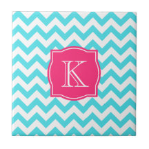 Zigzag Turquoise and Pink Custom Monogram Ceramic Tiles