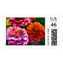 Zinnias with worker bee postage