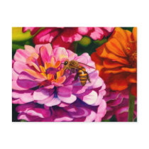 Zinnias with worker bee postcards