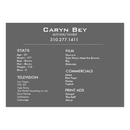 Zip It Up Business Card template (actor head shot) (back side)