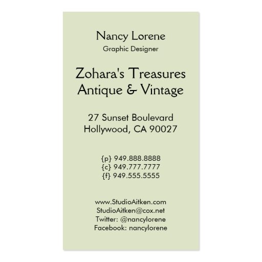 Zohara Business Cards in Green and Olive (back side)