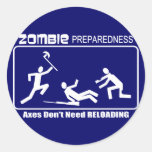 Zombie Preparedness Axes Reloading WHITE Design Round Sticker