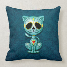 Zombie Sugar Kitten, blue Pillow
