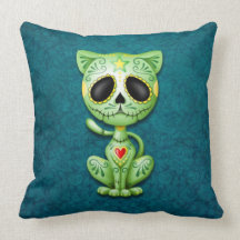 Zombie Sugar Kitten, green and blue Throw Pillow