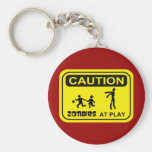 Zombies At Play Caution Sign YELLOW Design Keychain