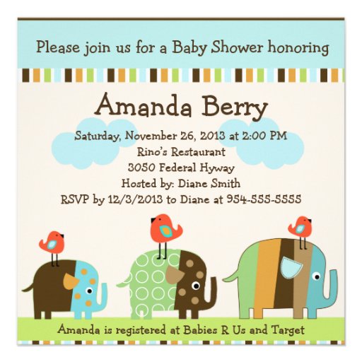Zutana Striped Elephants Baby Shower Invitation