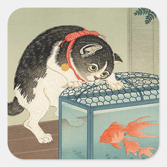 猫と金魚 古邨 Cat Goldfish Koson Ukiyo E Square Sticker Zazzle Com