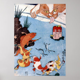 Cat with a Fish Poster, Zazzle