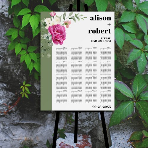 Βranch pink rose flowers wedding seating chart foam board