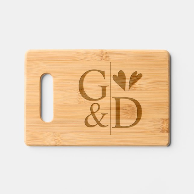 Μonogram, ampersand and hearts wedding charcuterie engraved cutting board (Front)