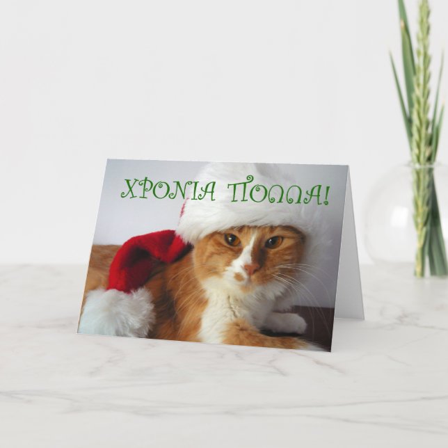 ΧΡΟΝΙΑ ΠΟΛΛΑ - Cat Wearing Santa Hat Holiday Card (Front)