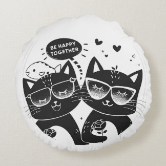 Вeautiful cats with roses and inscriptions BEHAPPY Round Pillow