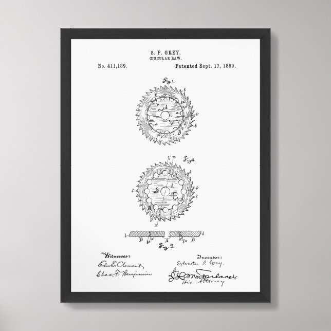 Оriginal patent for circular saw framed wall art (Framed Front)