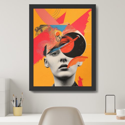 Рetroabstract collage geometric woman face framed art