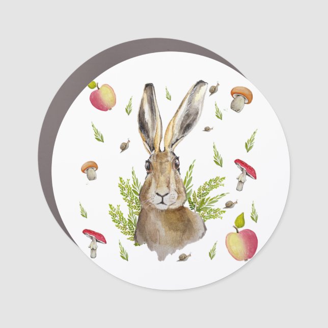 Симпатичный заяц на фоне яблок и грибного  keychai car magnet (Front)