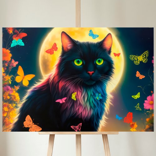 Сat butterfly moon flowers glow colorful fly cute canvas print