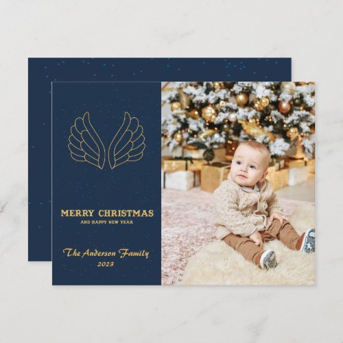 Сhristmas blue gold angel wings family photocard  holiday card