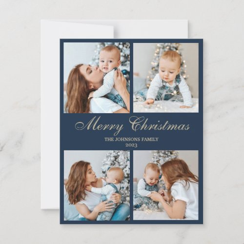 Сhristmas family photocard blue  white four photo holiday card