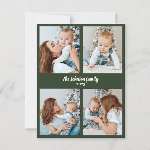 Сhristmas family photocard green  white four phot holiday card