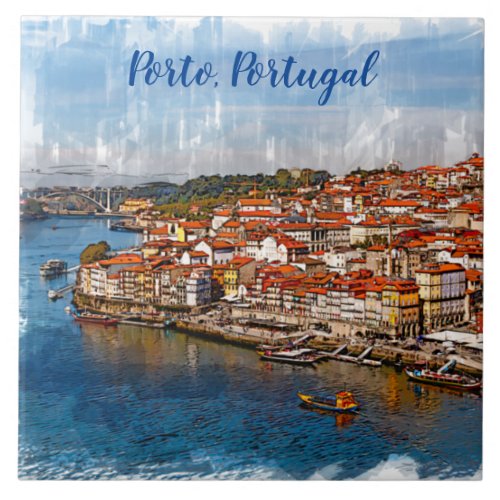 Ðityscape of Porto Douro river Portugal Ceramic Tile