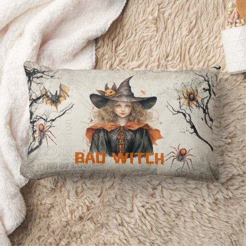 Сlassic traditional watercolor cute girl bad witch lumbar pillow