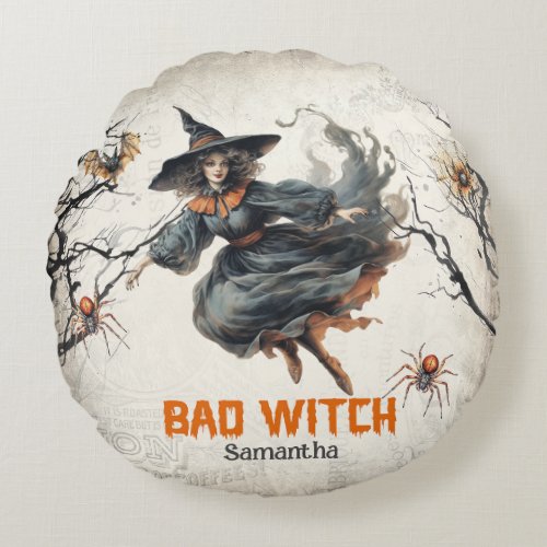 Сlassic traditional watercolor cute girl bad witch round pillow