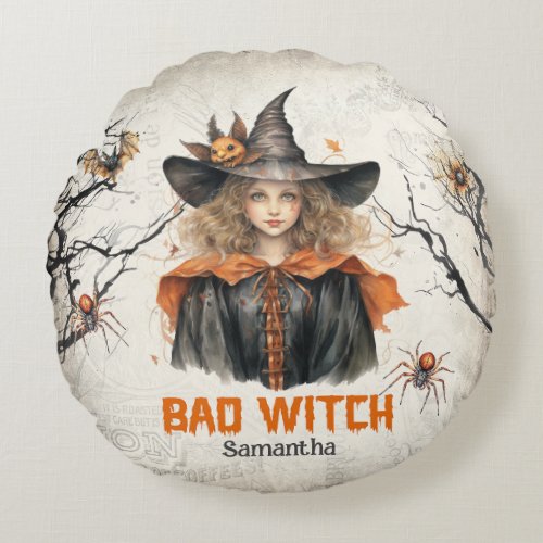 Сlassic traditional watercolor cute girl bad witch round pillow