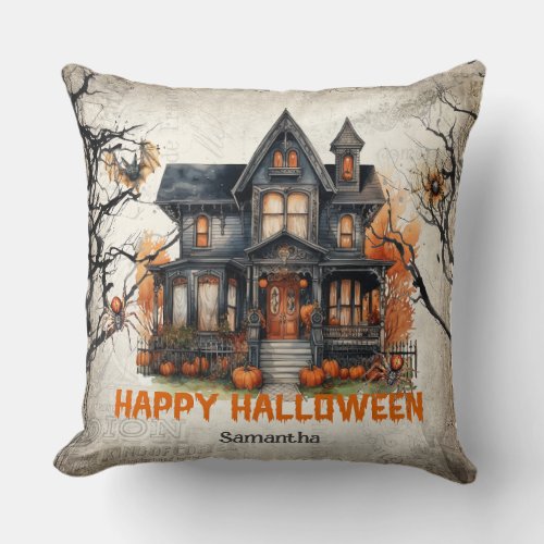 Сlassic traditional watercolor haunted house throw pillow