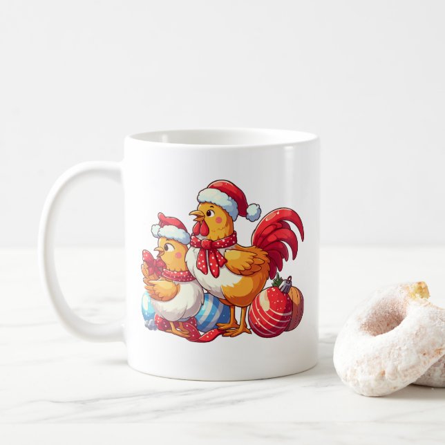 Сute Christmas Chickens, Xmas Farm Chickens   Coffee Mug (With Donut)