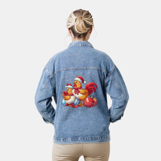 Сute Christmas Chickens, Xmas Farm Chickens   Denim Jacket (Model)