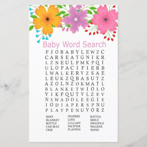Сute flowers Baby Shower Word Search Game