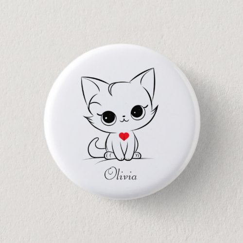 Сute kitten red heart black and white button