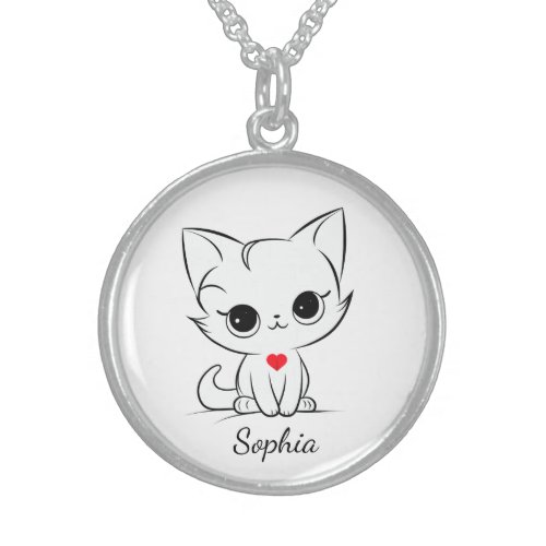 Сute kitten red heart black and white sterling silver necklace