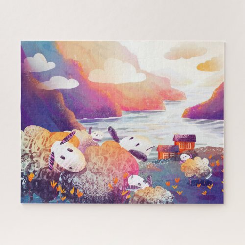 Сute sheep graze on the seashore jigsaw puzzle