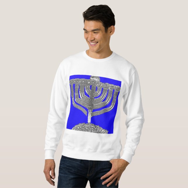 חנוכה Hanukkah blue and silver antique menorah  Sweatshirt (Front Full)