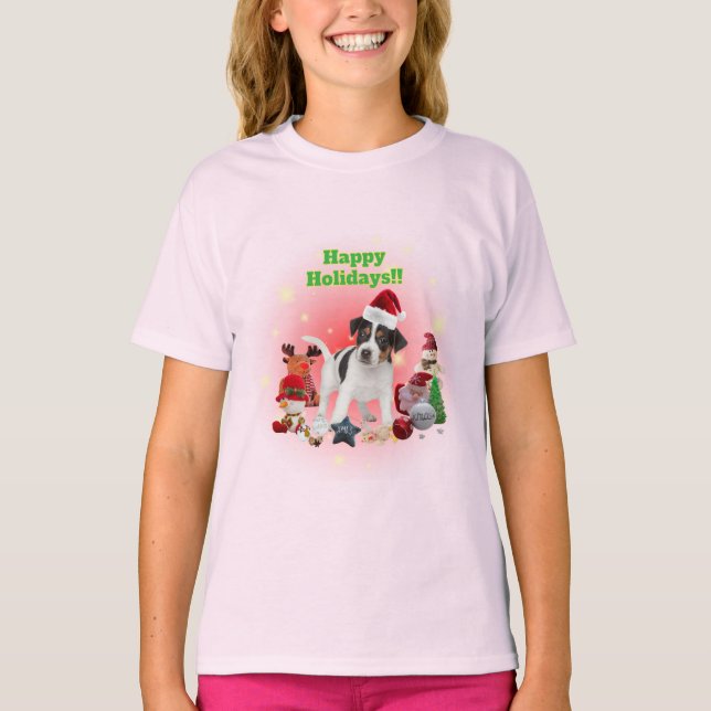 かわいいジャックラッセルテリアとおもちゃ ハッピーホリデー♡ T-Shirt (Front)