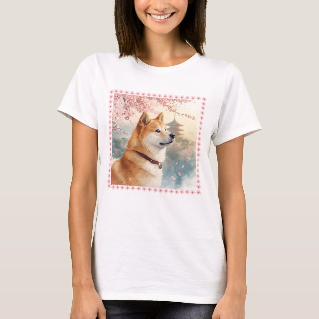 かわいい柴犬の手書き風イラスト桜♡レディース T-Shirt (Front)