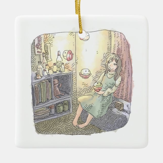 さなくごじ  薄暗いお部屋で柔らかい光を放つ浮いている物体と座っている女性のイラスト CERAMIC ORNAMENT (Front)