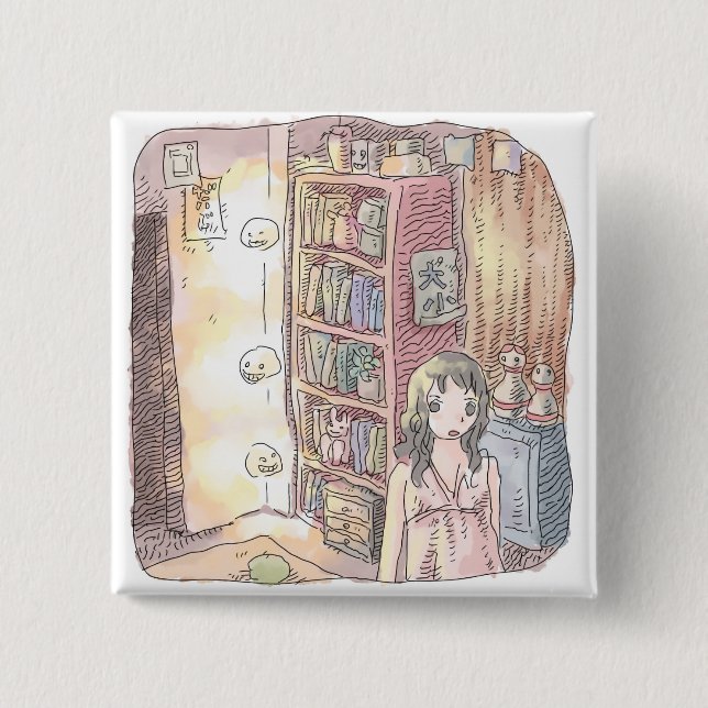 さなくむじ   薄暗いお部屋で本棚のそばに浮いているぼんやり光る物体と女性のイラスト BUTTON (Front)